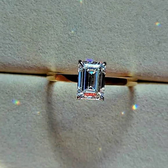 Solid 14k White and Yellow Gold 2ct F VVS2 Lab Emerald Cut Diamond Ring with Hidden Halo Lab Diamond