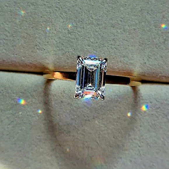 Solid 14k White and Yellow Gold 2ct F VVS2 Lab Emerald Cut Diamond Ring with Hidden Halo Lab Diamond