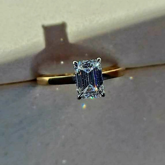 Solid 14k White and Yellow Gold 2ct F VVS2 Lab Emerald Cut Diamond Ring with Hidden Halo Lab Diamond