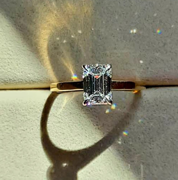 Solid 14k White and Yellow Gold 2ct F VVS2 Lab Emerald Cut Diamond Ring with Hidden Halo Lab Diamond