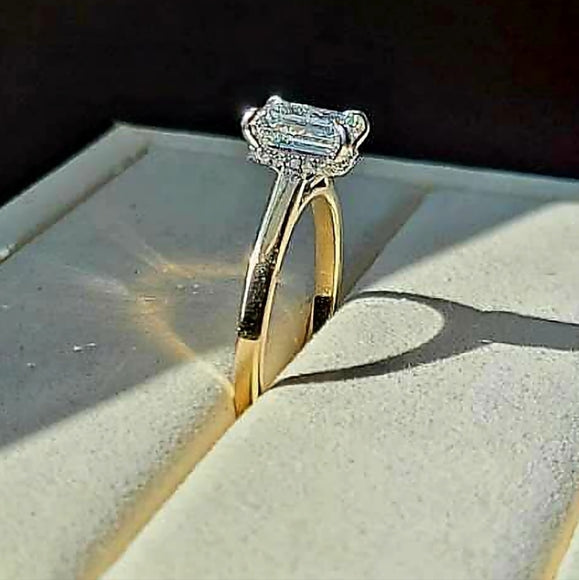 Solid 14k White and Yellow Gold 2ct F VVS2 Lab Emerald Cut Diamond Ring with Hidden Halo Lab Diamond