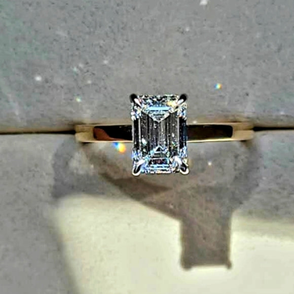 Solid 14k White and Yellow Gold 2ct F VVS2 Lab Emerald Cut Diamond Ring with Hidden Halo Lab Diamond