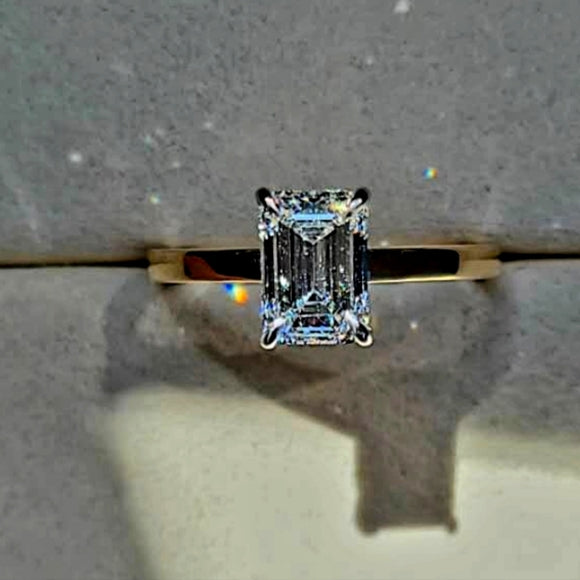 Solid 14k White and Yellow Gold 2ct F VVS2 Lab Emerald Cut Diamond Ring with Hidden Halo Lab Diamond