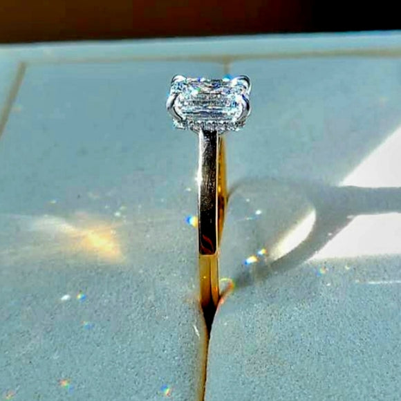 Solid 14k White and Yellow Gold 2ct F VVS2 Lab Emerald Cut Diamond Ring with Hidden Halo Lab Diamond