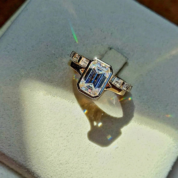 Solid 14k Gold 2.5ct Emerald Cut Moissanite Ring and Matching Eternity Band