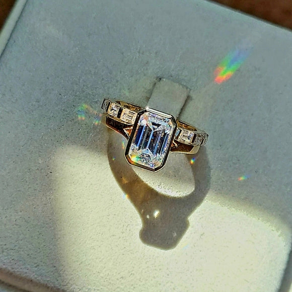 Solid 14k Gold 2.5ct Emerald Cut Moissanite Ring and Matching Eternity Band