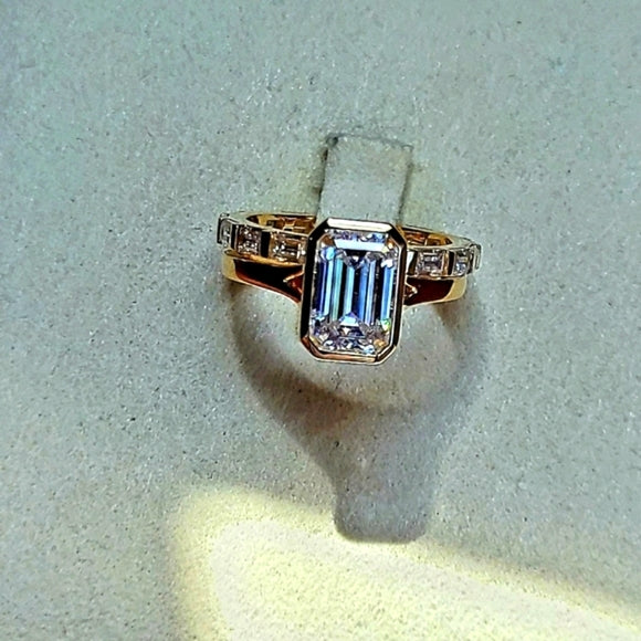 Solid 14k Gold 2.5ct Emerald Cut Moissanite Ring and Matching Eternity Band