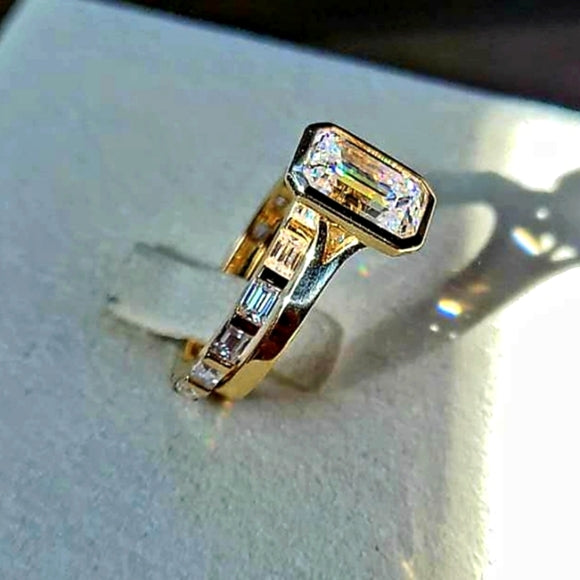 Solid 14k Gold 2.5ct Emerald Cut Moissanite Ring and Matching Eternity Band