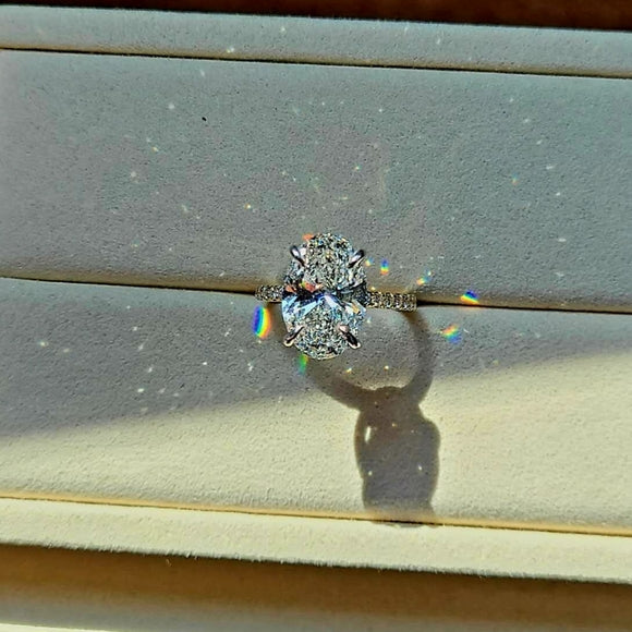 Solid 14k White and Yellow Gold 5.3ct G VS1 Lab Oval Diamond Ring with Side and Hidden Halo Lab Diamond