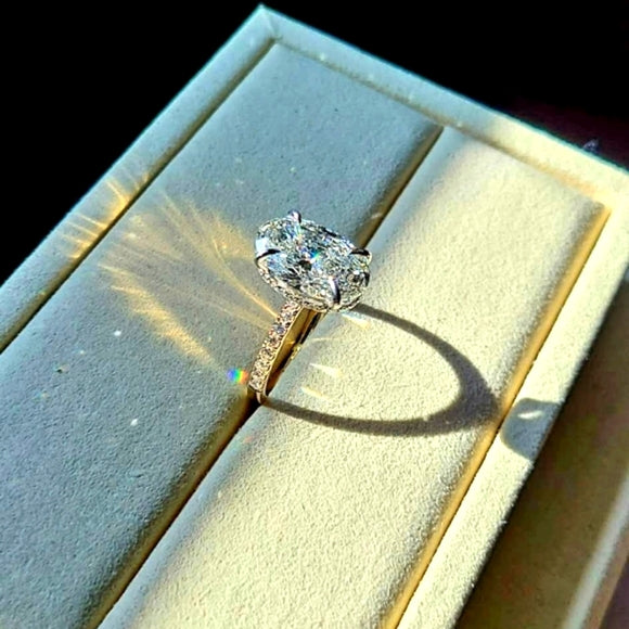 Solid 14k White and Yellow Gold 5.3ct G VS1 Lab Oval Diamond Ring with Side and Hidden Halo Lab Diamond