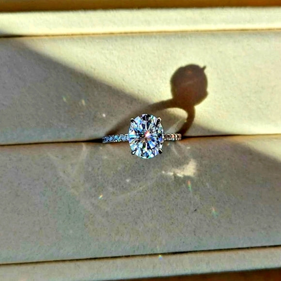 Solid 14k Gold 3ct Oval Moissanite Ring with Side and Hidden Halo Moissanite