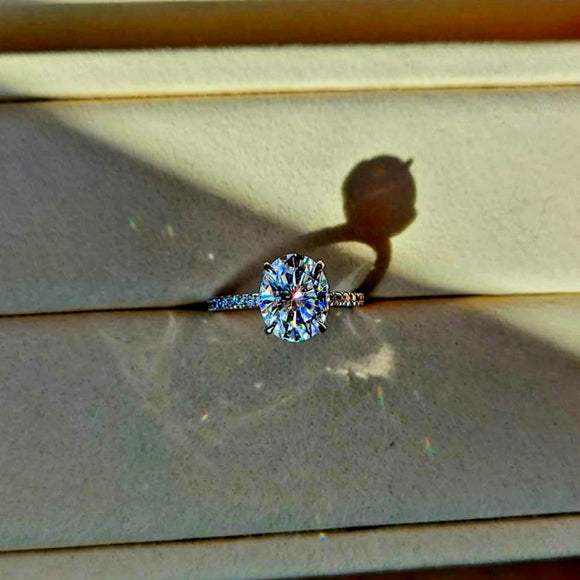 Solid 14k Gold 3ct Oval Moissanite Ring with Side and Hidden Halo Moissanite