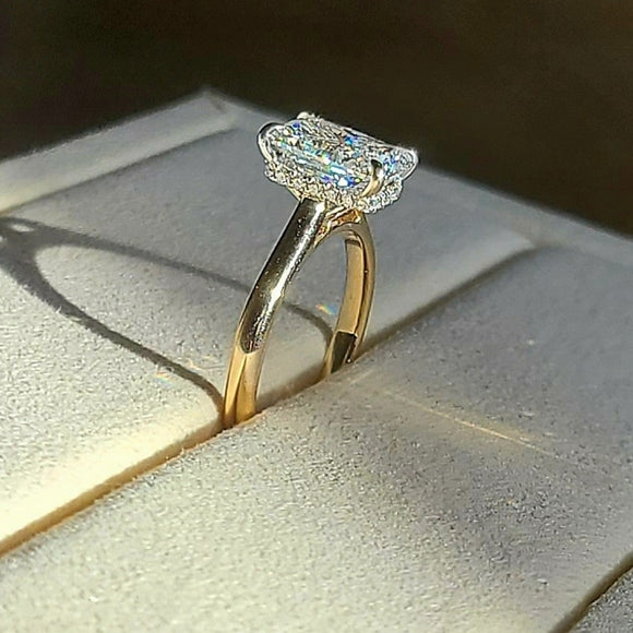 Solid 18k White and Yellow Gold 2ct E VS1 Lab Radiant Diamond Ring with Hidden Halo Lab Diamond