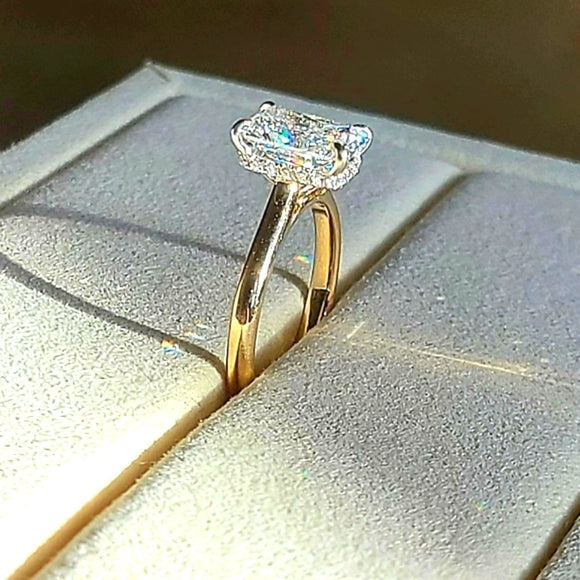 Solid 18k White and Yellow Gold 2ct E VS1 Lab Radiant Diamond Ring with Hidden Halo Lab Diamond