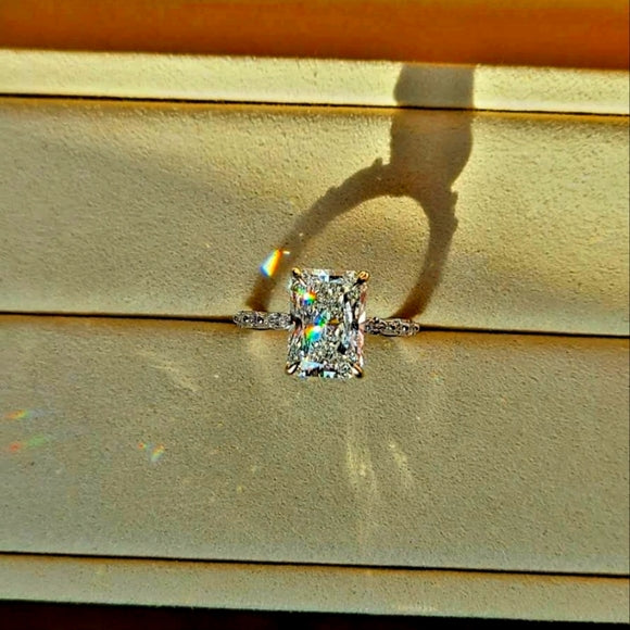 solid 18k gold 5ct f vs1 lab radiant diamond ring with side , hidden halo and prong lab diamond