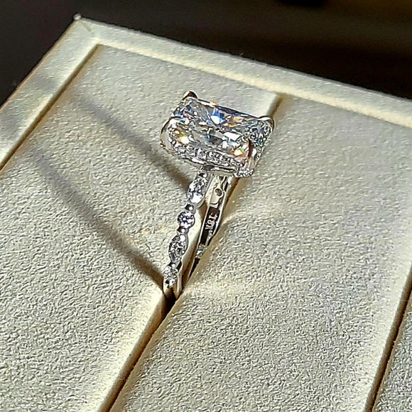 solid 18k gold 5ct f vs1 lab radiant diamond ring with side , hidden halo and prong lab diamond