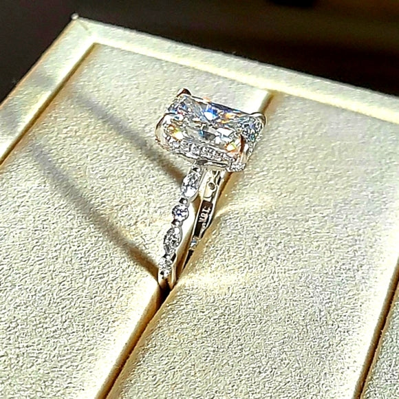 solid 18k gold 5ct f vs1 lab radiant diamond ring with side , hidden halo and prong lab diamond