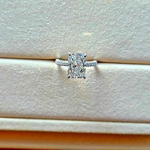 Platinum 2.7ct G VS1 Lab Radiant Diamond Ring with Side , Hidden Halo and Prong Lab Diamond