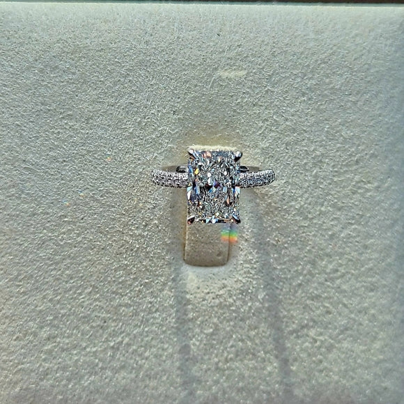 Platinum 2.7ct G VS1 Lab Radiant Diamond Ring with Side , Hidden Halo and Prong Lab Diamond