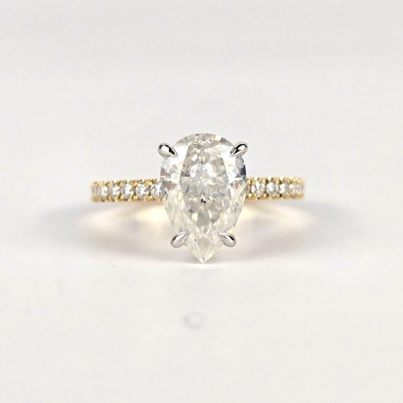 Solid 14k White and Yellow Gold 2.5ct (7x10.5mm) D VVS1 Pear Moissanite Ring with Moissanite Side and Hidden Halo, 3/4 Band(2-tone)(PE602)