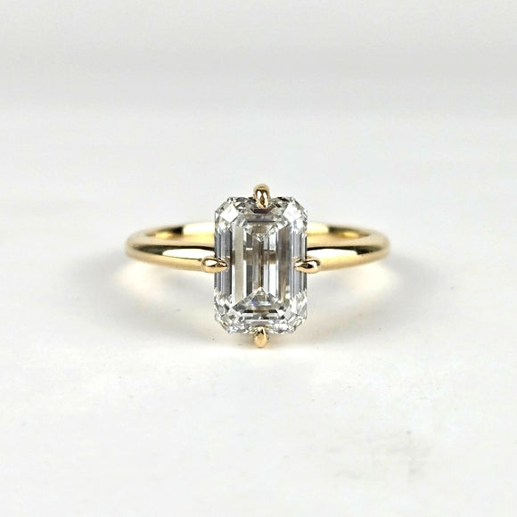 Solid 14k Gold 2.5ct E VVS2 Lab Diamond Emerald Ring, 2mm Wide Band, Euro Shank, North/South Prongs