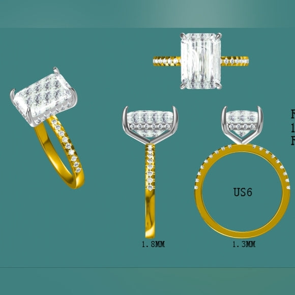 Solid 14k White and Yellow Gold 4ct F VS1 Lab Radiant Diamond Ring with Side and Hidden Halo Lab Diamond