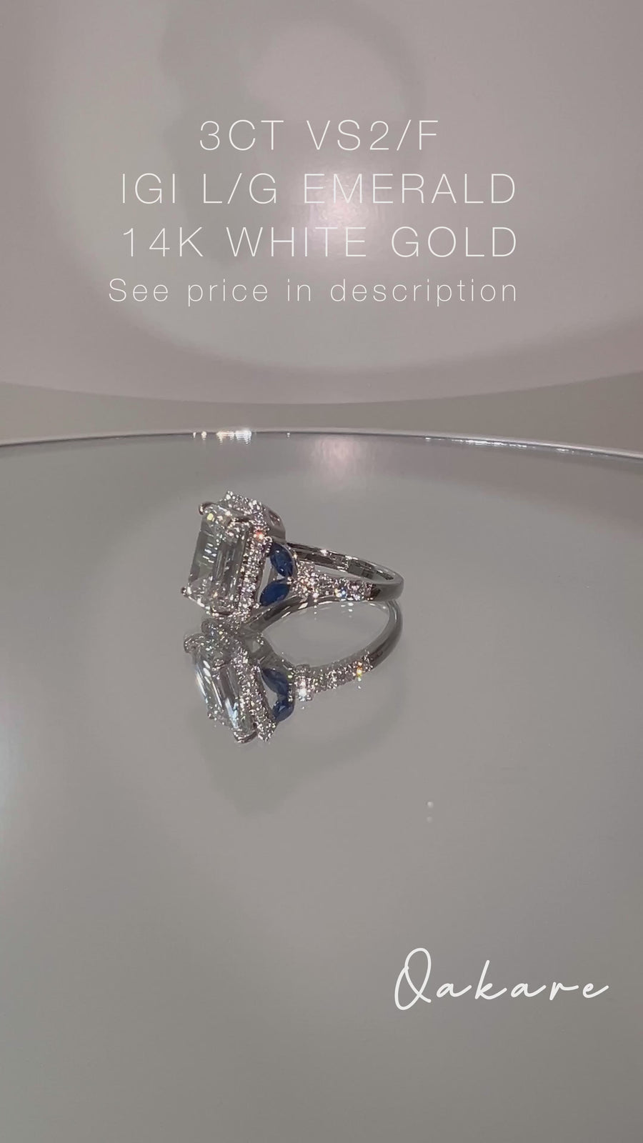 Solid 14k Gold 3ct F VS1 Lab Emerald Cut Diamond Ring with Side Lab Diamond and Natural Blue Sapphire(EM807)