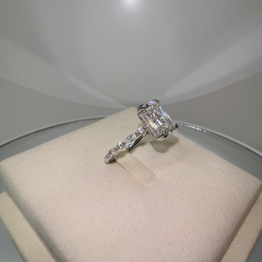 Solid 18k Gold 4.5ct Emerald Cut Moissanite Ring with Side and Hidden Halo Moissanite