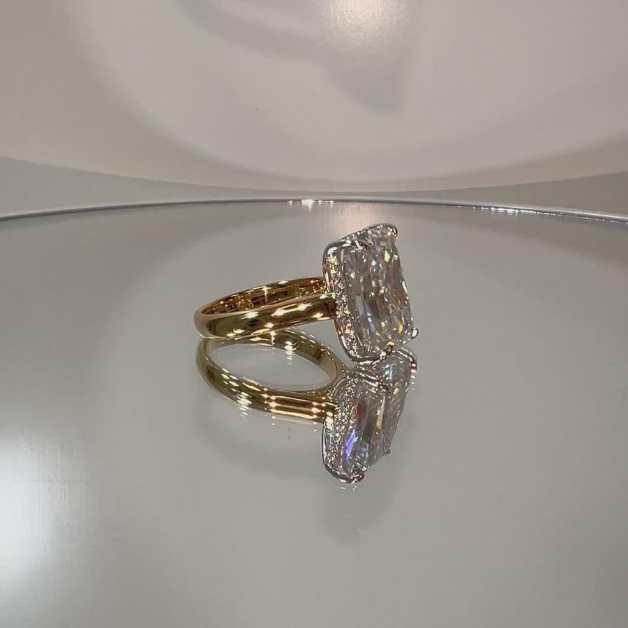 Solid 18k White and Yellow Gold 10ct Radiant Moissanite Ring with Hidden Halo Diamond