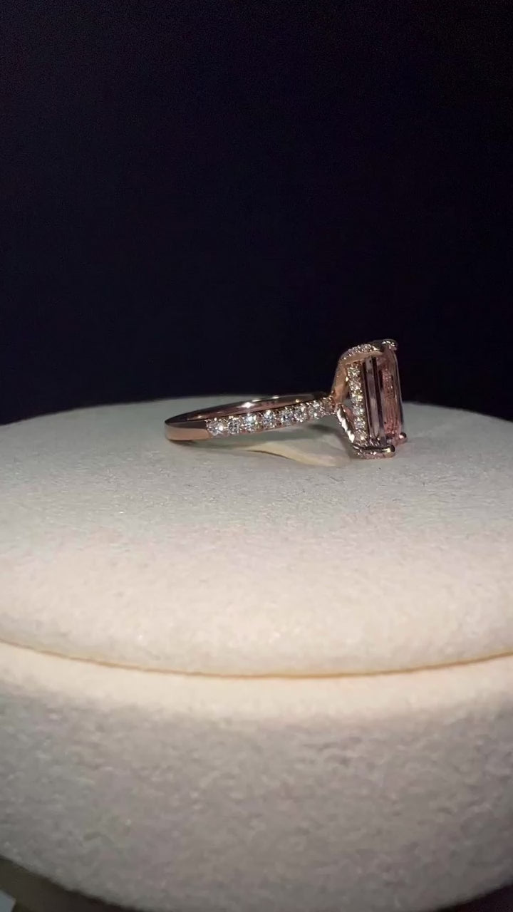 Solid 14k Gold 2.37ct Emerald Cut Morganite Ring with Side Lab Diamond