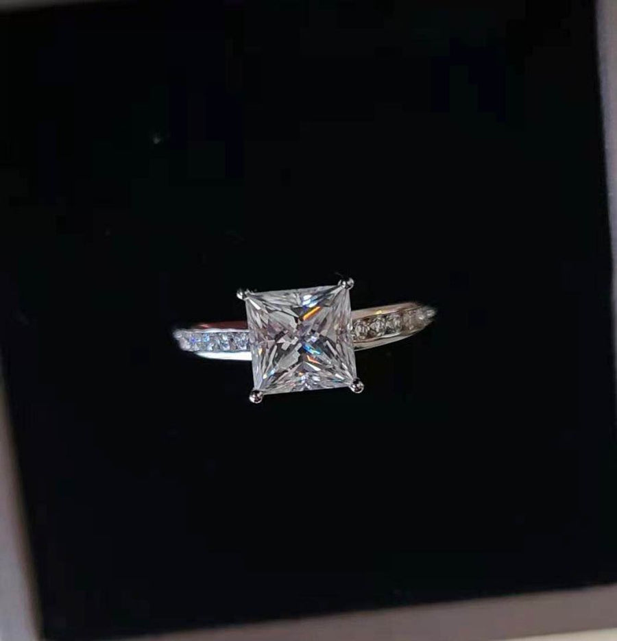 Solid 14k Gold 2ct Princess Cut Moissanite Ring with Side Stones
