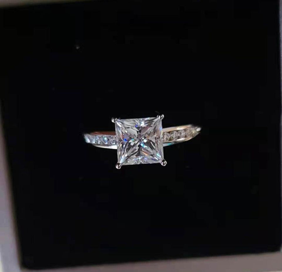 Solid 14k Gold 2ct Princess Cut Moissanite Ring with Side Stones