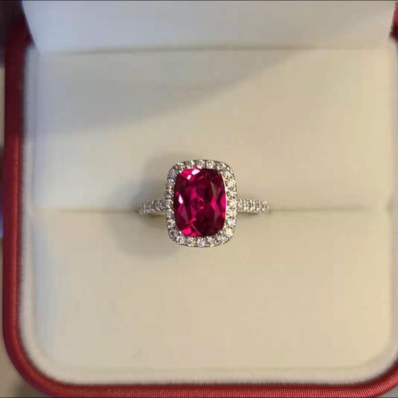 Solid 18k Gold 3ct Cushion Lab Ruby Ring with Side & Halo Stones