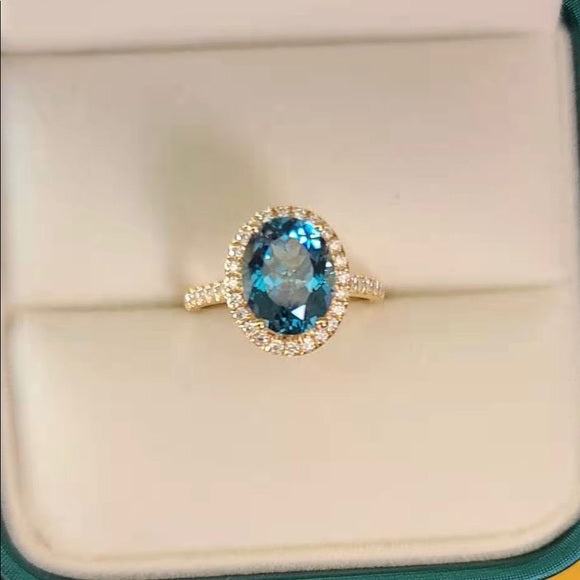 Solid 14k Gold 3ct Oval Topaz Ring with Side & Halo Stones
