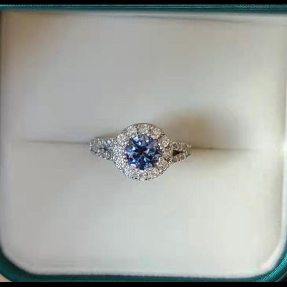 1ct Deep Blue Moissanite Ring with Halo(423)