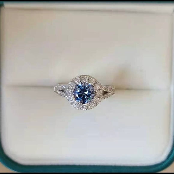 1ct Deep Blue Moissanite Ring with Halo(423)