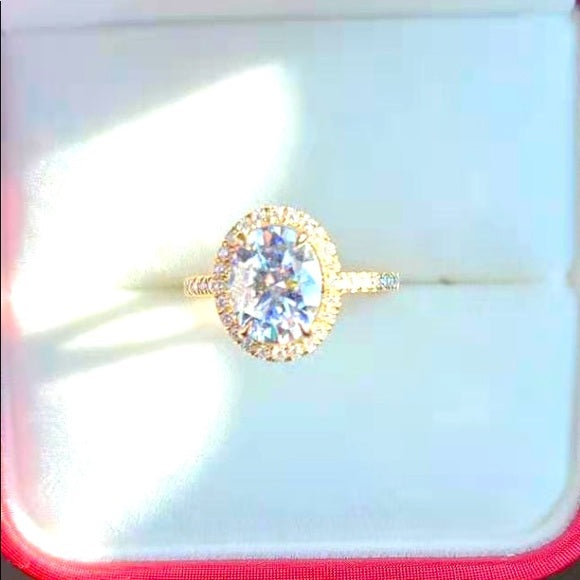 Solid 14k Gold 3ct Oval Moissanite Ring with Side & Halo Stones