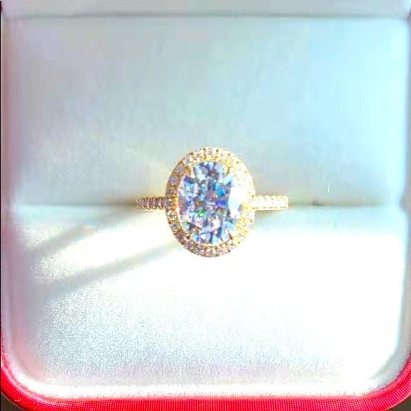 Solid 14k Gold 3ct Oval Moissanite Ring with Side & Halo Stones