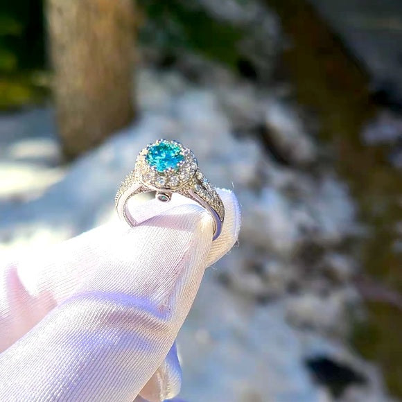 1ct Blue Moissanite Ring with Rd. Halo(423)