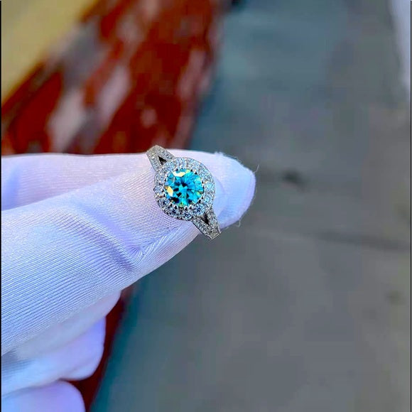 1ct Blue Moissanite Ring with Rd. Halo(423)