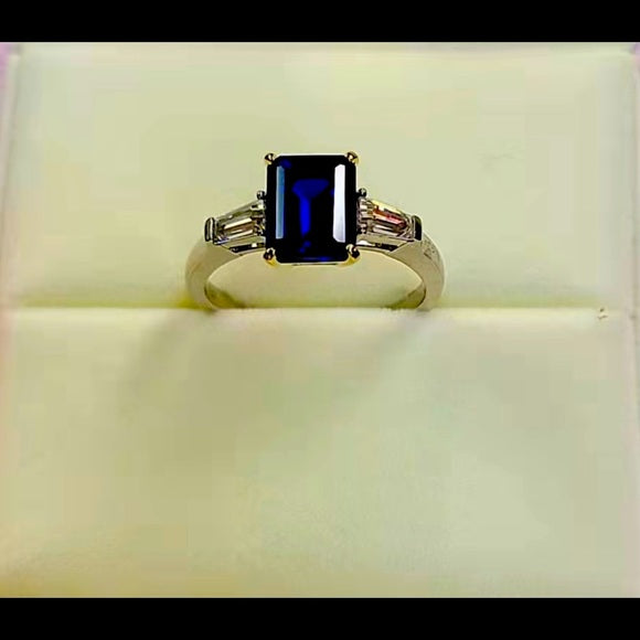 Solid 14k Gold 3ct Lab Blue Sapphire Ring with Side Stones