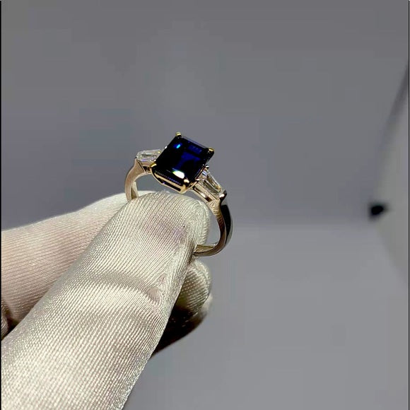 Solid 14k Gold 3ct Lab Blue Sapphire Ring with Side Stones