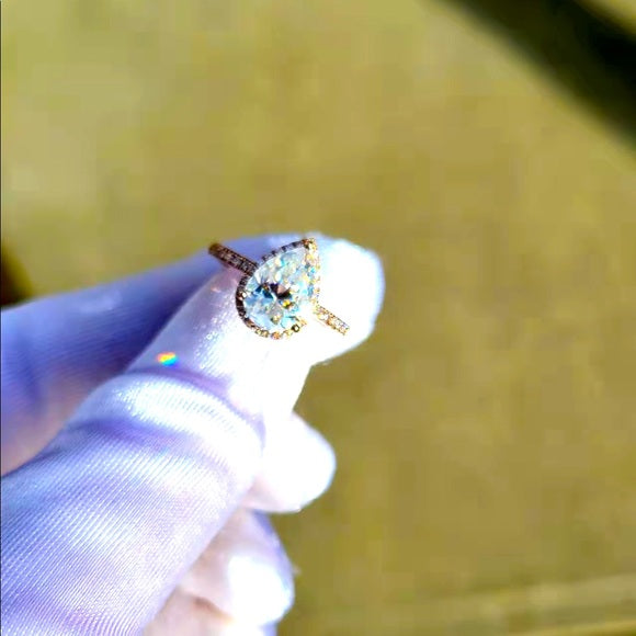 Solid 14k Gold 2ct Pear Moissanite Ring with Side Diamonds