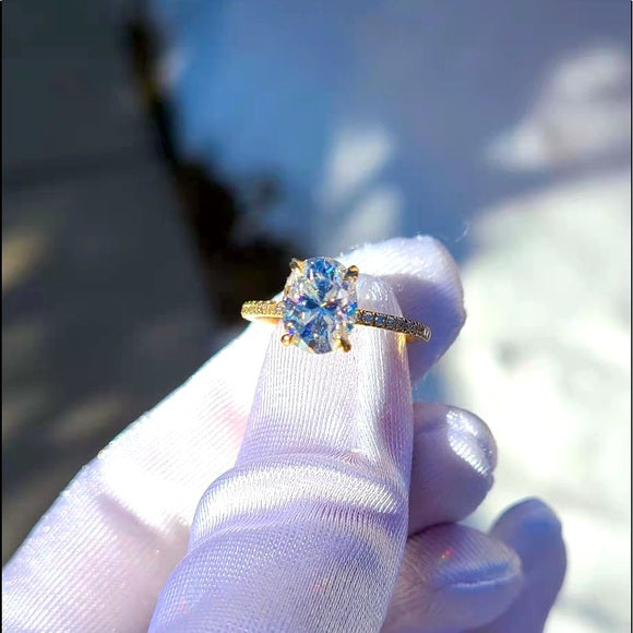 Solid 18k Gold 2ct Oval Moissanite Ring with Side Diamond