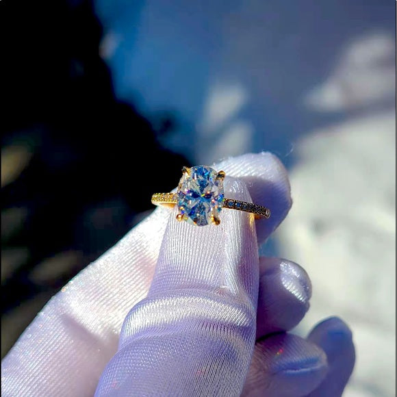 Solid 18k Gold 2ct Oval Moissanite Ring with Side Diamond