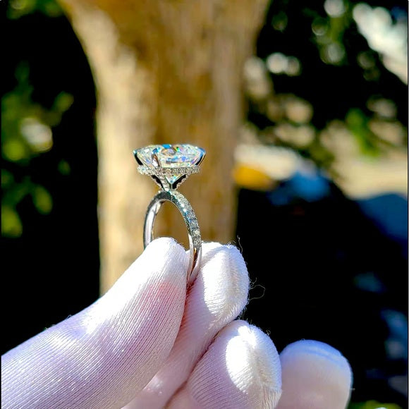 Solid 14k Gold 5ct Oval Moissanite Ring with Side & Hidden Halo Stones