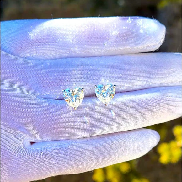 Solid 14k Gold 2ct Heart Moissanite Earrings with Hidden Halo