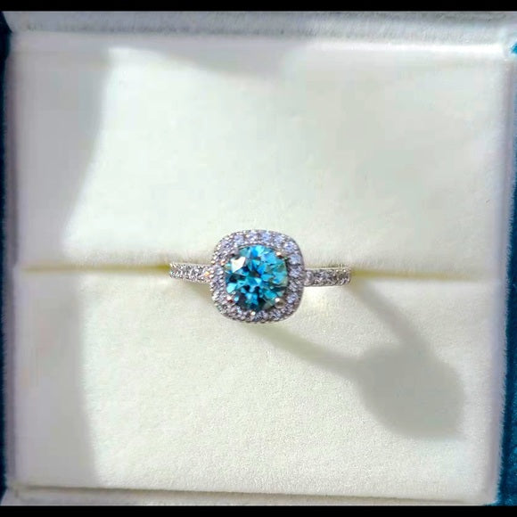 1ct Blue Moissanite Ring with Sq. Halo(049)