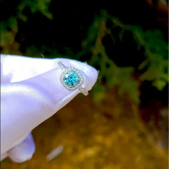 1ct Blue Moissanite Ring with Sq. Halo(049)