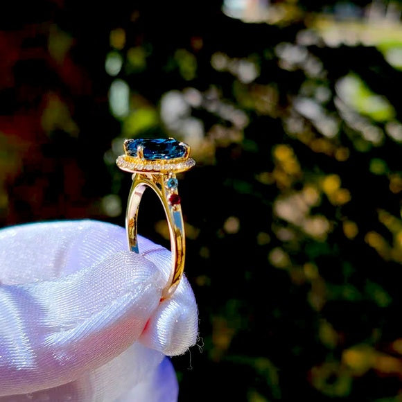 Solid 14k Gold 3ct Oval Topaz Ring with Side Birth Stones